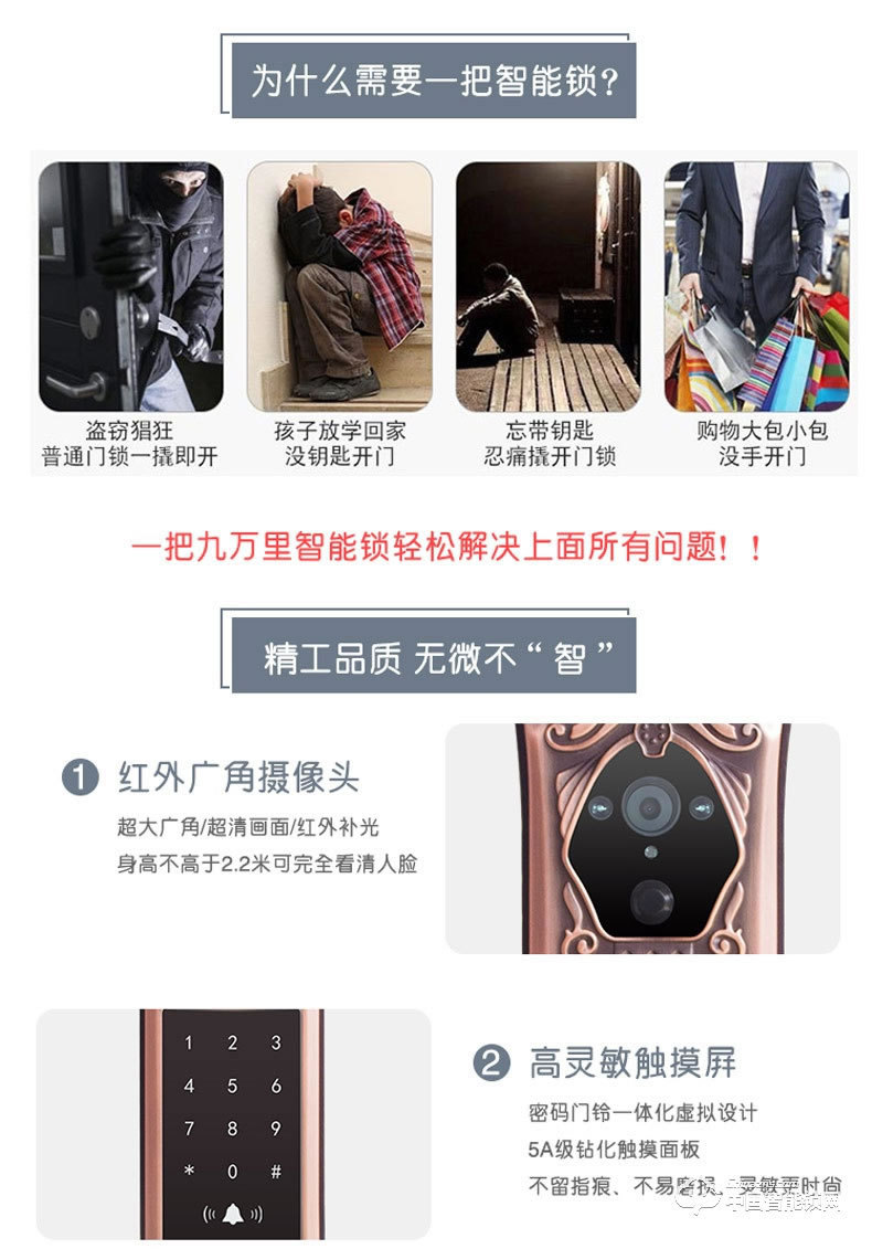 九万里智能锁C900 欧式古典别墅大门锁指纹密码锁