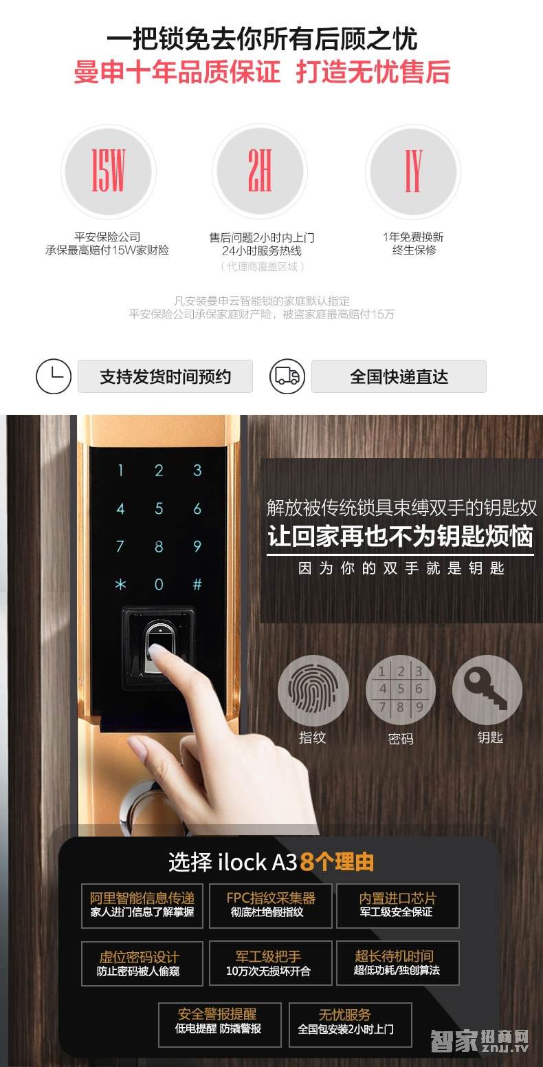 曼申滑盖指纹锁 家用防盗门锁 智能门锁刷卡锁