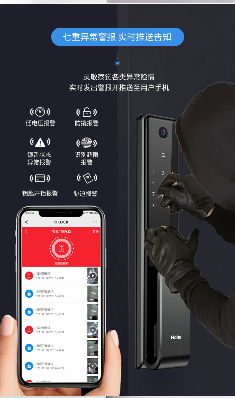 海尔智能锁3D人脸识别指纹锁23V可视猫眼密码锁家用锁V23